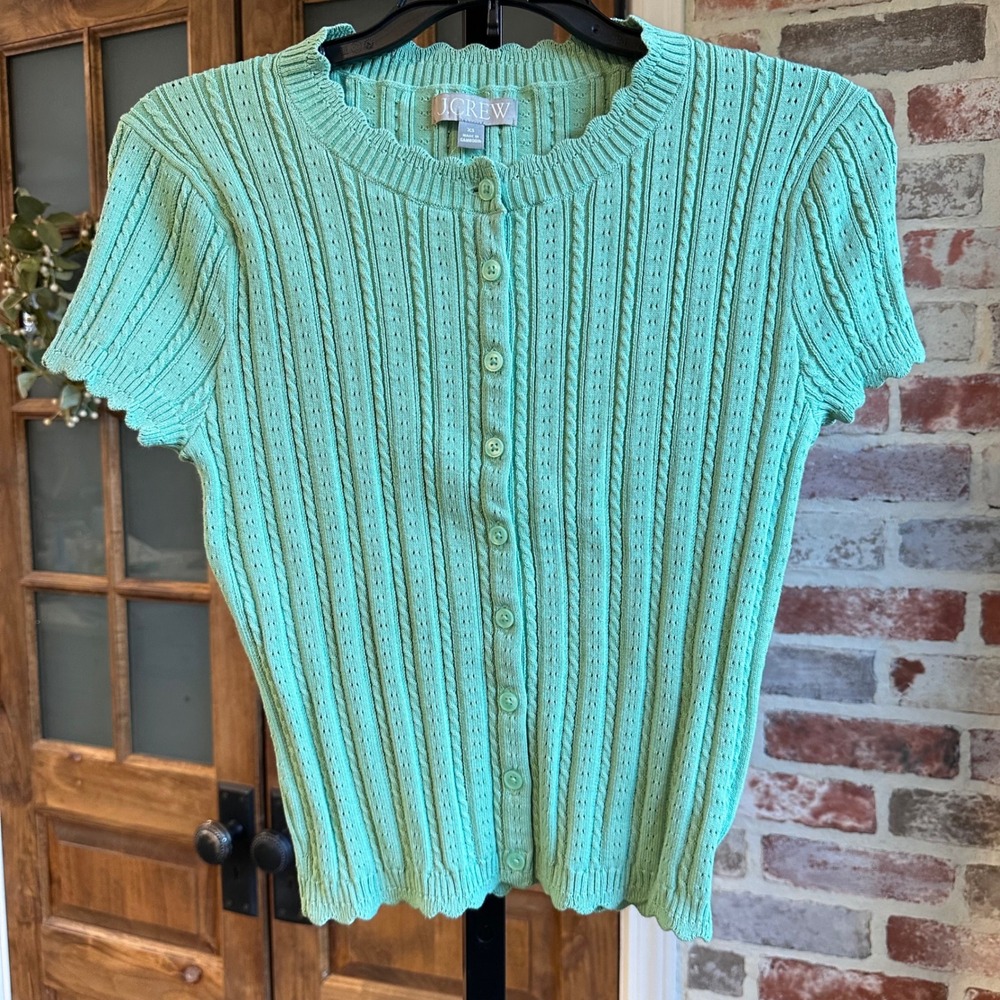 J. Crew Cardigan Women Green Short Sleeve Cable Knit Pointelle Cottagecore XS